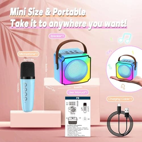 Joycome Karaoke Enfant avec 2 Microphones, Micro Portables Karaoké sans File, Jouet de Karaoké Bluetooth avec Voix Change et LED Lumière pour 3-12 Enfant Fille Cadeau Chanter Adulte - Bleu