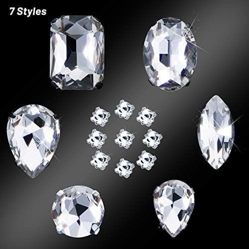 156 Pièces Strass de Couture en Verre Strass Cristal à Dos Plat Strass Serti de Griffes en Métal Gemmes de Couture en Verre Acrylique pour Vêtements DIY Artisanat (Blanc)