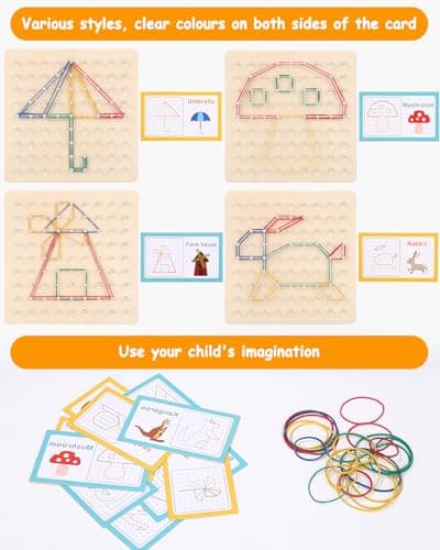 Jouet Montessori Géoboard en Bois,avec Cartes de Motifs et Rubber Band, marqueur pour tableau blanc,8x8 Épingles Pegboard Jeu Maternelle,Montessori Puzzle Forme,Idée cadeau pour garçons,Enfant Jouet