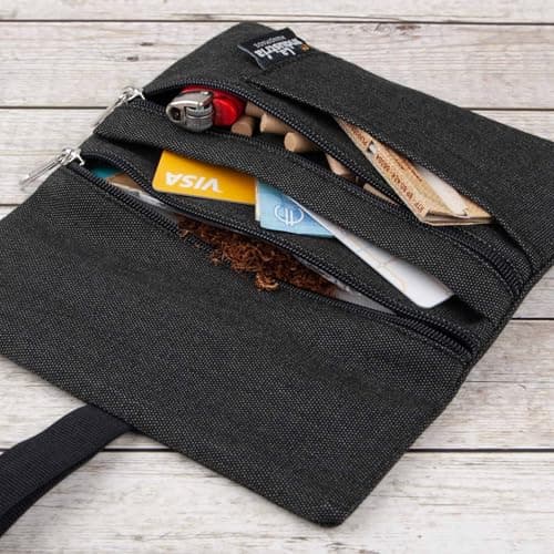 Blague à tabac à rouler hydrofuge - Pochette à tabac 30/50 g avec compartiments pour Feuilles, Filtres et Briquet (Noir)