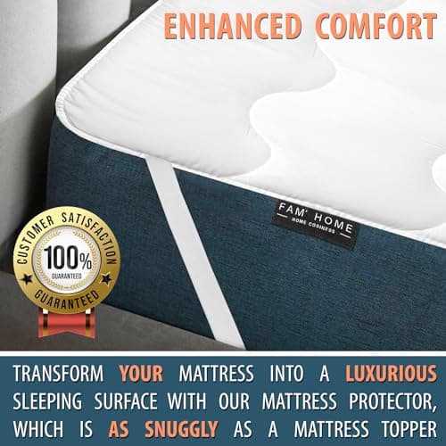 FAM'HOME Premium Protège-Matelas 90x190 cm avec Housse en Microfibre Douce hypoallergénique, sur-Matelas Respirant avec 4 Sangles élastiques aux Coins, hygiénique Blanc avec Surface matelassée