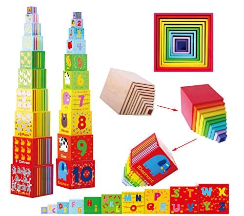 TOWO Cubes emboitables en Bois - Pyramide Cubes a empiler Bebe pour Apprendre à Compter - Lot de 10 Cubes éducatif -Montessori - Apprendre Les Animaux - Jouets en Bois éducatif pour Enfant 2 Ans