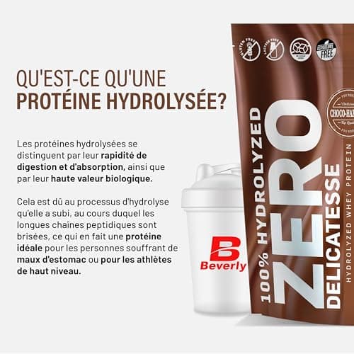 Beverly ZERO DÉLICATESSE | 1 kg | 85% de protéines de lactosérum hydrolysées | Avec Digezyme et Tolerase | Masse et force musculaire | Mixeur offert (CHOCOLAT NOISETTE)