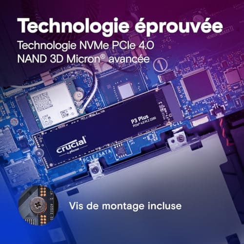 Crucial P3 Plus SSD 2To PCIe Gen4 NVMe M.2 SSD Interne, Jusqu’à 5.000 Mo/s, Compatible avec Ordinateur Portable et de Bureau, Disque Dur SSD - CT2000P3PSSD801