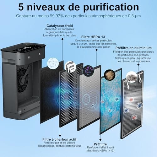 ISSELEC 2 en 1 purificateur d'air et humidificateur H13 filtre à air haute efficacité ioniseur taille de pièce jusqu'à 40m2, Filtre 99,97% des poils d'animaux domestiques/pollen/fumée/odeur