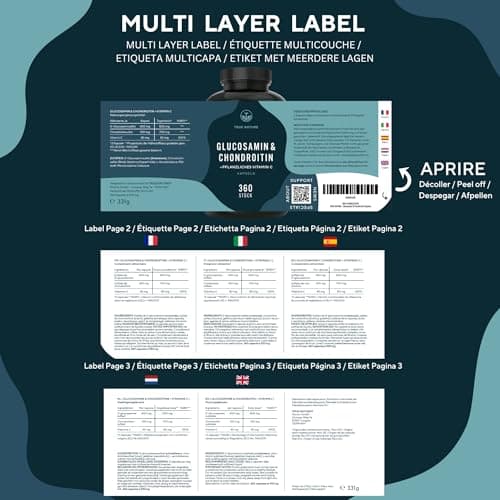 Glucosamine & Chondroïtine, Vitamine C - 1580mg - Santé des Articulations & Formation du Cartilage - 360 Gélules - Qualité Pharmaceutique - SANS: Additifs, Gluten & Lactose - TRUE NATURE