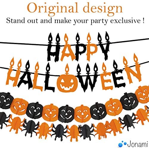 Jonami Deco Halloween Decoration Halloween - Happy Halloween Banderole Banniere, Guirlandes Citrouilles et Araignees, Photomaton Photoboot Props, Ballons Noir Orange avec Fantomes