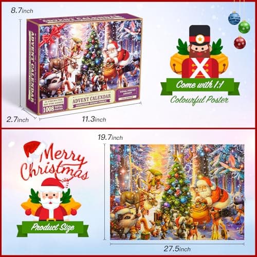 Calendrier de l'Avent Puzzle 2024, Puzzle de Noël 24 Jours Compte à Rebours, Jeux de Société pour Familles, Puzzle de Noël pour Adultes et Enfants, 1008 Pièces 70 x 50 cm