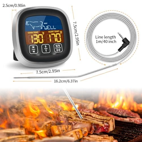 JAMATA Thermometre Cuisine avec Sondes de 16cm,Thermomètre à Viande numérique LED précis,thermomètre de grillade pour barbecue avec Rétroéclairage LCD & Aimant Fonction d'alarme pour Cuisson,Viande