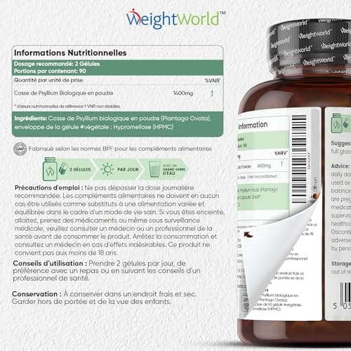 Psyllium Blond Bio 180 Gélules (3 Mois) - Téguments purs à 99%, Transit & Digestion - Source de Fibres prébiotiques - 1400mg de Psyllium Husk - Alternative au Psyllium en poudre - Fabriqué en UE