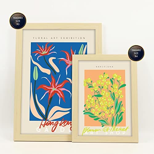 Nacnic Lot de 6 posters de galerie de fleurs - Collection de panneaux avec collage esthétique pour la décoration intérieure - Tailles A3 et A4 - Cadre en bois clair.