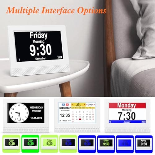 Horloge Numérique Calendrier, 7" Pouce LCD Auto Dimming 10 Langues avec Date Jour et Heure Horloge Non-Abrégée, Plusieurs Modes pour Vision Altérée Alzheimer Les Personnes âgées - Blanc