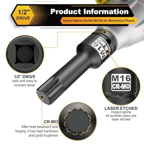 KIRXST Jeu de Dent Multiple à Choc 1/2", Lot de 6 Douilles à Impact XZN, XZN à Choc M14 M16 M18, Cr-Mo, pour Clé à Chocs Pneumatique, Electrique