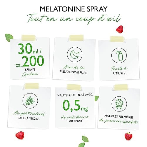 Spray mélatonine - Spray instantané extra fortement dosé avec 0,5 mg de mélatonine par pulvérisation - Spray pour l'endormissement - Sans alcool - Testé en laboratoire - Vegan - Goût framboise - 30 ml