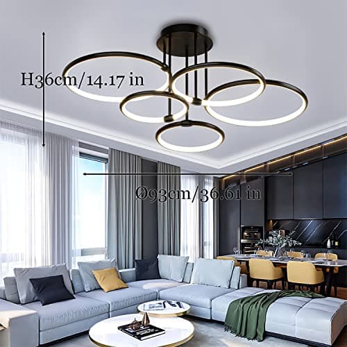 Plafonnier LED Plafonnier moderne en anneau noir, dimmable 3000K-6500K avec télécommande Lampe de chambre à coucher pour le salon Chambre à coucher Bureau Salle à manger (5 anneaux)