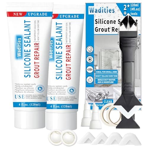 8Oz de mastic silicone transparent étanche, Wadities Kit de réparation des joints de carrelage avec gratte-joint, pour bain, douche, cuisine, sol (4Oz, pack de 2)