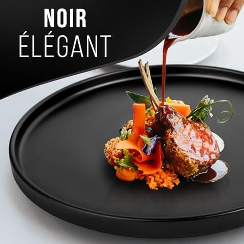 Ensemble de 6 Assiettes Plates Noires Mattes Manhattan -Teller en Grès Premium, Adaptés au Lave-vaisselle et au Micro-ondes- Élégantes Assiettes Noires pour 6 Personnes - Pure Living Urban Black