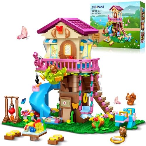 CUBIMANA Jouets de Construction de cabane dans Les Arbres avec lumière LED - 618 pièces Ensemble de Construction de Maison à 3 étages, Cadeaux de Noël pour Enfants Filles garçons