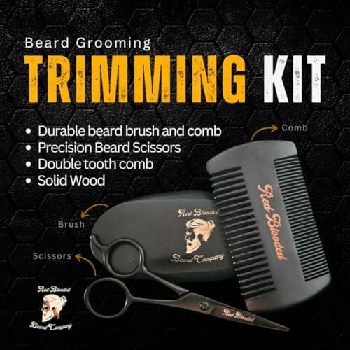 Red-Blooded kit barbe homme avec huile à barbe, baume à barbe, brosse à barbe, peigne à barbe et ciseaux à barbe. Cologne parfumée à base d'huile de jojoba et d'huile de macadamia kit soin barbe homme