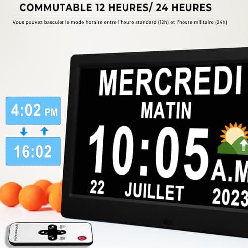Véfaîî 10 Pouces Grand Horloge Numérique, Automatique de L’Heure D’été, Réveil Murale Silencieux avec 20 Rappels Personnalisés pour Les Adultes et Les Enfants et la maladie d'Alzheimer