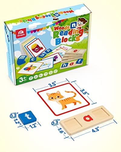 Coogam Voyelle Courte en Bois Lecture Lettres Tri Jeux d'orthographe, Mots à Vue Flashcards Alphabet Puzzle Montessori Jouet Éducatif Cadeau pour Enfants 3 4 5 Ans