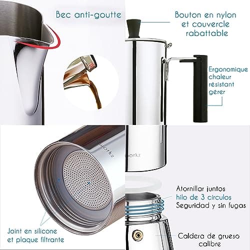 Easyworkz Pedro Cafetière italienne en acier inoxydable pour 6 tasses 300ml Pour induction à gaz et toutes les cuisinières (Argenté)