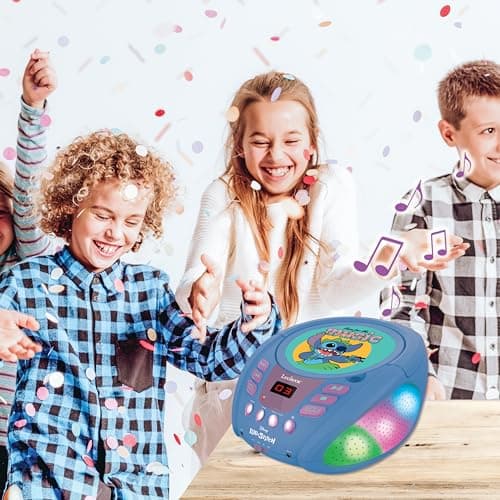 Lexibook - Disney Stitch - Lecteur CD Bluetooth pour Enfants - Portable, Effets Lumineux, Prise Micro, Entrée aux-in, Pile ou Secteur, Filles, Garçons, Bleu, RCD109D