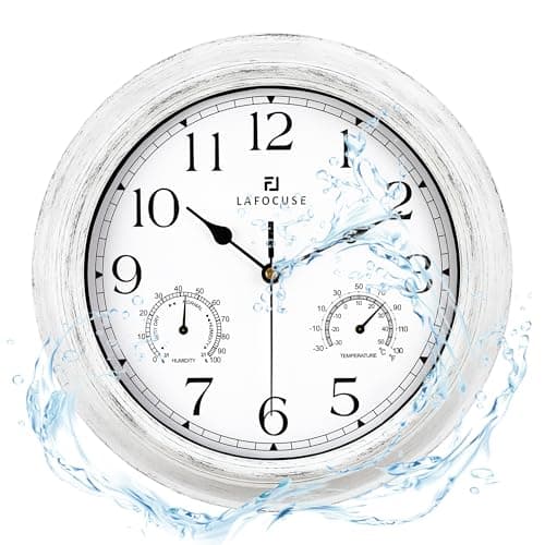 Lafocuse 30cm Horloge Murale Exterieure Etanche avec Thermomètre et Hygromètre, Vintage Blanc Pendule Murale Retro, Silencieuse Shabby Chic Deco pour Extérieur, Jardin, Balcon, Salle de Bain, Cuisine