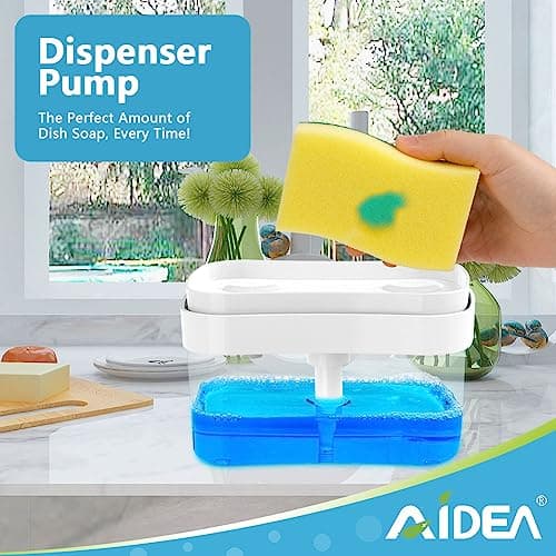AIDEA Éponge à récurer Robuste - 24 unités, Distributeur de Savon à Vaisselle pour Cuisine, 2 en 1 avec Distributeur de Savon et Porte-éponge pour Salle de Bain, comptoir, évier - 25 oz