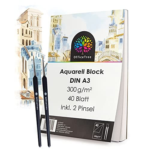 OfficeTree 40x Papier Aquarelle A3 300g avec 2 Pinceaux - Feuille Aquarelle A3 - Papier Aquarelle 300g - Bloc Aquarelle - Papier pour Aquarelle - Papier Dessin A3 - Watercolor Paper - Bloc Dessin A3