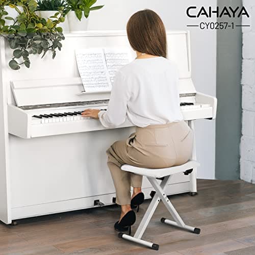 CAHAYA Banc de Piano Tabouret de Piano Pliable réglable en Hauteur, siège de Piano en Forme de X, Banc de Piano Stable Tabouret de Piano rembourré, Blanc CY0257-1