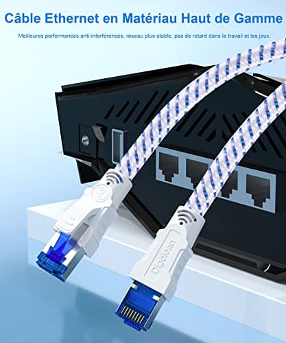 Câble Ethernet Cat 8, RJ45 1m 2m 3m 5m 10m 20m 30m Câble Réseau Internet | Cat8 40Gbps S/FTP Nylon Câble, idéal pour les connexions de bureau, PC, routeur, PS5, Xbox. Plus rapide que Cat6/Cat7(10m)
