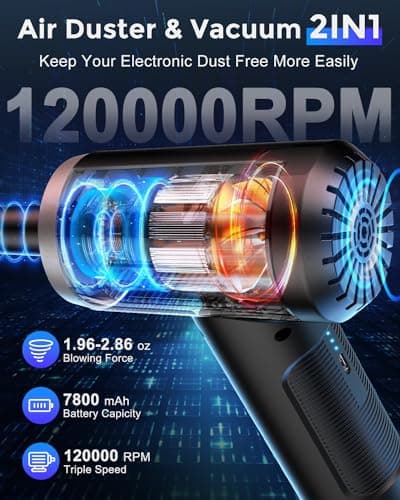 AKLIFFE Aspirateur Voiture Souffleur PC Electrique 3 en 1, 7800mAh, 120.000 TR/Min 3 Vitesses Bombe Air Sec - Nettoyage PC avec Lumière LED, Souffleur Air Comprimé pour Clavier d'ordinateur de Voiture