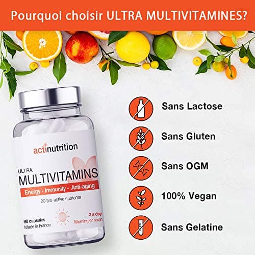 ULTRA Multivitamines | 29 Nutriments Bio-actifs dont Vitamines C & D + Ferments Lactiques | 90 gélules | Pour Vitalité, Immunité et Stress | Fabriqué en France par Actinutrition