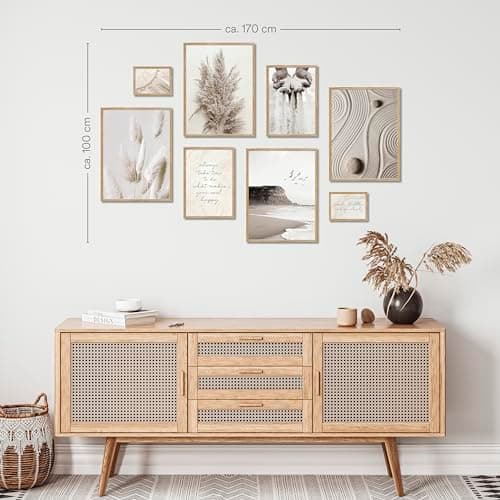 ARTFAVES® - Lot d'affiches - RÊVES BEIGE - Décoration murale 8 affiches modernes herbe de la pampa, mer, plage, pleine conscience, yoga - sans cadre