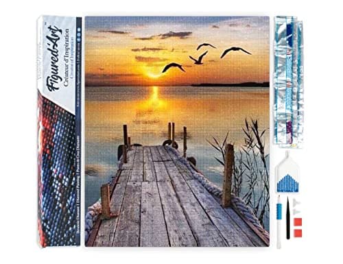 Figured’Art Diamond Painting Broderie Diamant 40x50cm Toile Entière Roulée avec Strass Perles Carrés - Ponton sur Lac - Kit Complet Paysage 5D DIY Activité Manuelle Loisirs Créatifs Adultes