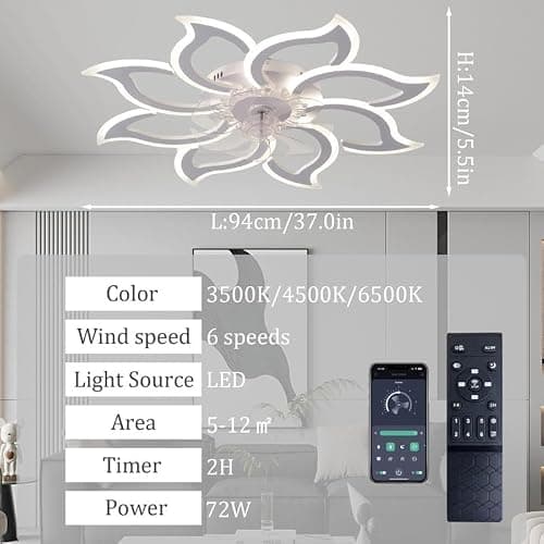 Grande Lustre Ventilateur de Plafond Chambre LED Dimmable Ventilateur Plafond avec Lumiere Réversible Moderne TéléCommande Silencieux Plafonnier avec Ventilateur Fleur Smart 6 Vitesses, Blanc