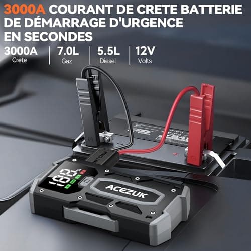 ACEZUK Booster Batterie Voiture 3000A, Démarreur de Voiture Portable (Jusqu'à 5.5L Diesel ou 7.0L Gaz), 12V Jump Starter avec 2.5 inch Écran LCD, Pinces de Sûreté Intelligentes, Lumière LED