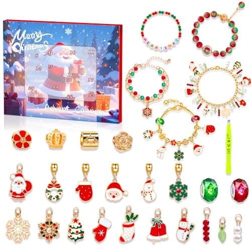 Calendrier de l'Avent 2024 Fille, 2024 Calendrier de l'Avent Enfant Fille Noël Kit de Bijoux Bracelet DIY avec 24 Noël Ornements Compte à Rebours cadeaux de Noël pour femmes, sa petite amie, sa fille