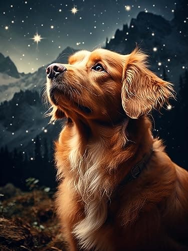 Diymood 5D Kit Complet de Broderie Diamant Chien - Peinture Diamant Nuit Étoilée Rond Point de Croix - Décoration Murale pour Chambre, DIY Diamond Painting Maison 30x40cm
