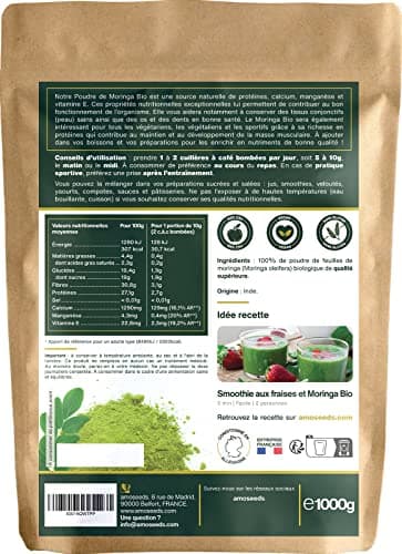Poudre de feuilles de Moringa Bio 1KG | Vitamine A, Antioxydant, Détox, Peau | Qualité Supérieure