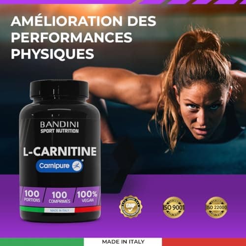 Bandini® L-CARNITINE Carnipure® 100 Comprimés - Supplément de Tartrate L Carnitine (100 doses, 100 jours) 1000mg - Pour Sportifs qui Pratiquent une Activité Physique à Haute Intensité - 100% Vegan