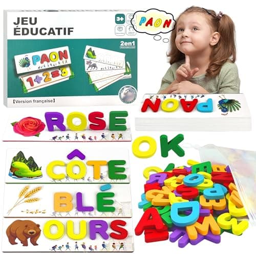 Jeu Éducatif d'Orthographe Française, Jouet Montessori à Partir de 3 4 5 6 7 8 Ans avec 32 Double-Face Cartes Flash Jeux d'apprentissage des Lettres Cadeau pour Fille Garçon à Partir de 3 à 6 Ans