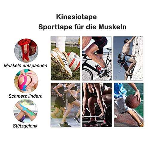 CareHabi - Bande de kinésiologie de sport pour les muscles, 5 m x 5 cm, 3 rouleaux (1 x bleu, 1 x rose, 1 x noir), bande de kinésiologie étanche & élastique pour le sport
