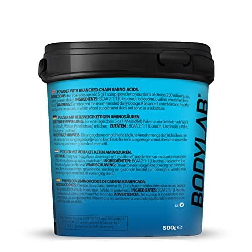 Bodylab24 BCAA Powder 500g, poudre de BCAA hautement dosée, leucine, isoleucine et valine dans un rapport 2:1:1, acides aminés de branche, idéal pour mélanger à un shake de protéines, goût neutre