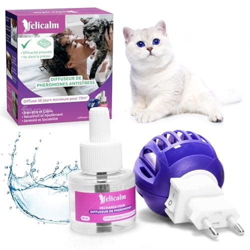FELICALM Paris -Nouvelle Formule de PHEROMONE pour Chat et Chaton -DIFFUSEUR Intelligent ECONOMIQUE SECURITAIRE + Recharge de 48 ML- Anti Stress pour Chat- CALMANT- Bonheur et Harmonie.