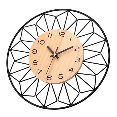 VIVILINEN Horloge Murale Bois Massif Métal 30cm Horloge Murale Silencieuse sans Tic-Tac Salon Chambre Cuisine Bureau Grande Pendule Murale Bois Naturel Moderne Classique