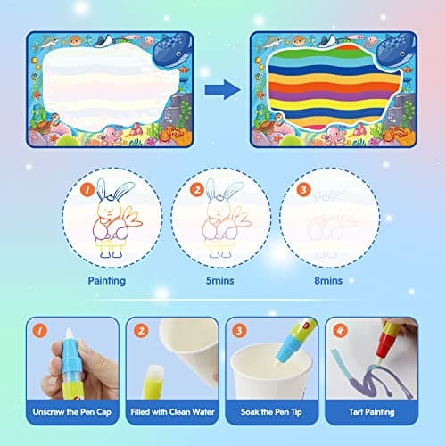 PHYLES Tapis de Dessin à Eau, 100 * 70cm Pas de Gâchis Tapis Dessin Enfant, 10 Couleurs Tapis Doodle Matte, Jouets Éducatifs pour Enfants, Cadeau de Noël Adapté aux Enfants dès 2 ans+