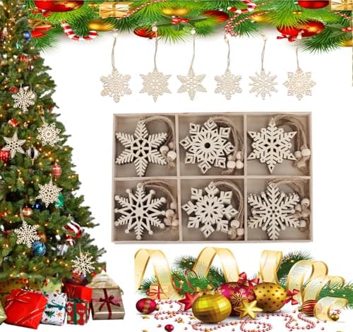 ilauke 24pcs Decoration Sapin de Noel en Bois 7x8cm,Flocons de Neige en Bois Decoration avec Boîte en Bois,6 Styles Ornements en Forme de Flocon de Neige en Bois de 3mm D'épaisseur pour Noël,Mariage