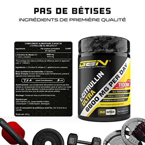 L-Citrulline 360 gélules - Extra fortement dosé avec 1100 mg par gélule - 6600 mg par portion - L-Citrulline DL-Malate 2:1 issue de la fermentation végétale - Sans additif indésirable
